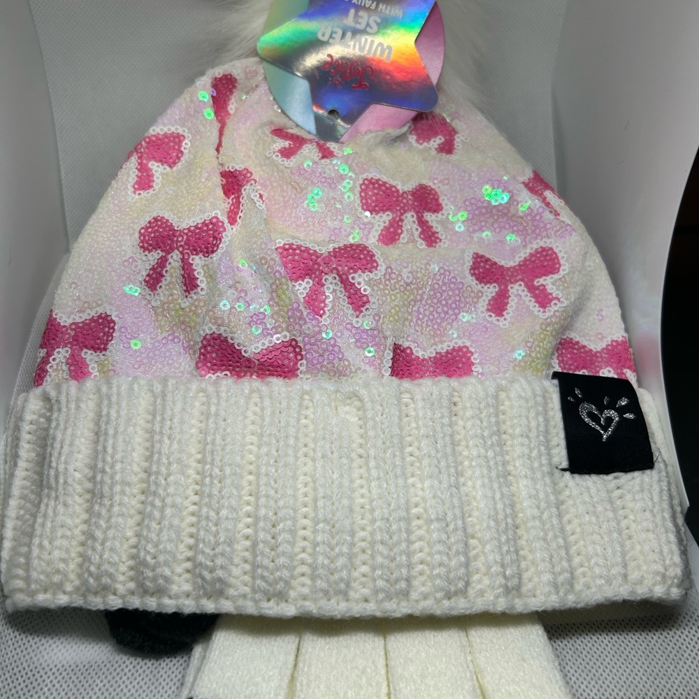Justice Sequin‎ Kid’s Hat Gloves Set White and Pink Bow